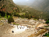 The theater at Delphi and the remains of the Temple of Apollo
